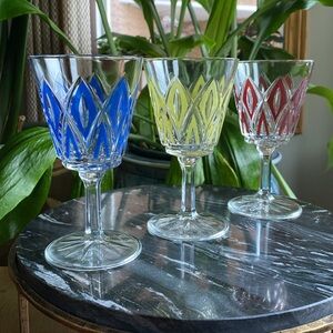 Set of 3 VCM Reims Crystal Harlequin Diamond Stemmed Wine Glasses - 1950s France